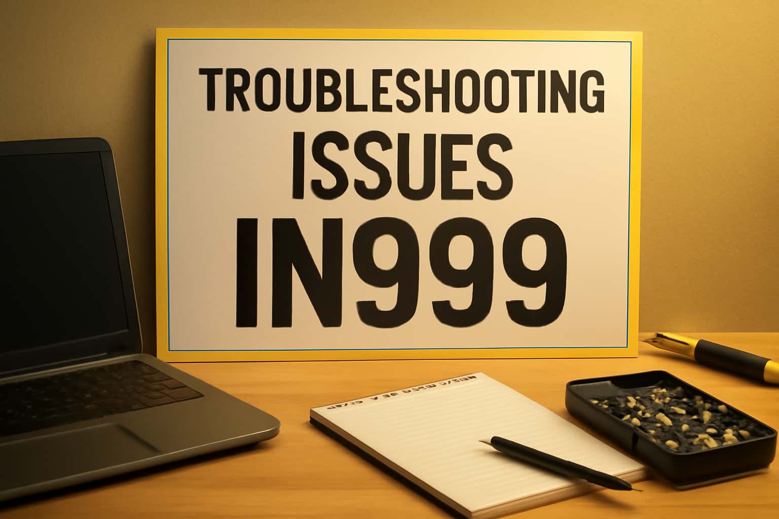 An informational scene depicting troubleshooting IN999 issues with highlighted text.